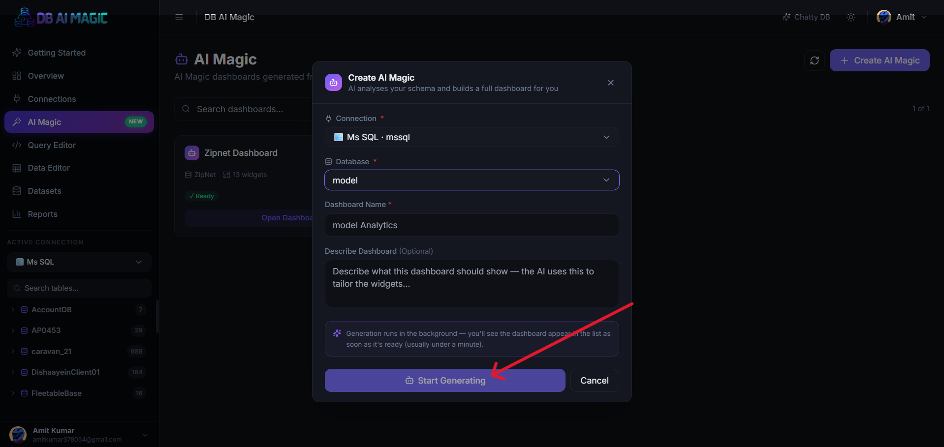 Create AI Magic modal — connection, database, optional description.